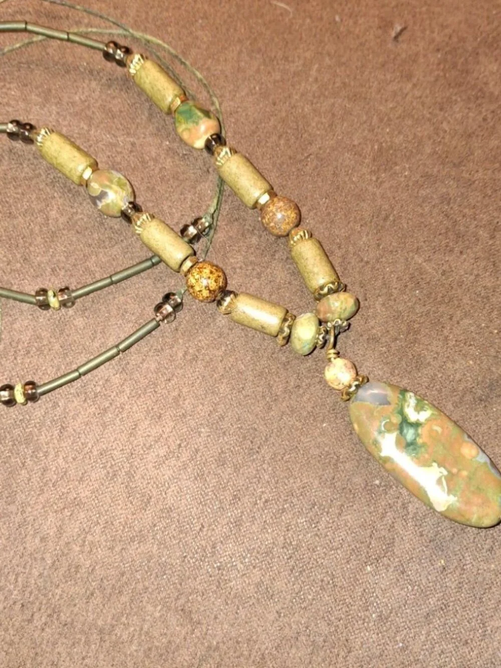 Rhyolite Jasper Gemstone long beaded Pendant Necklace Jewelry Gift